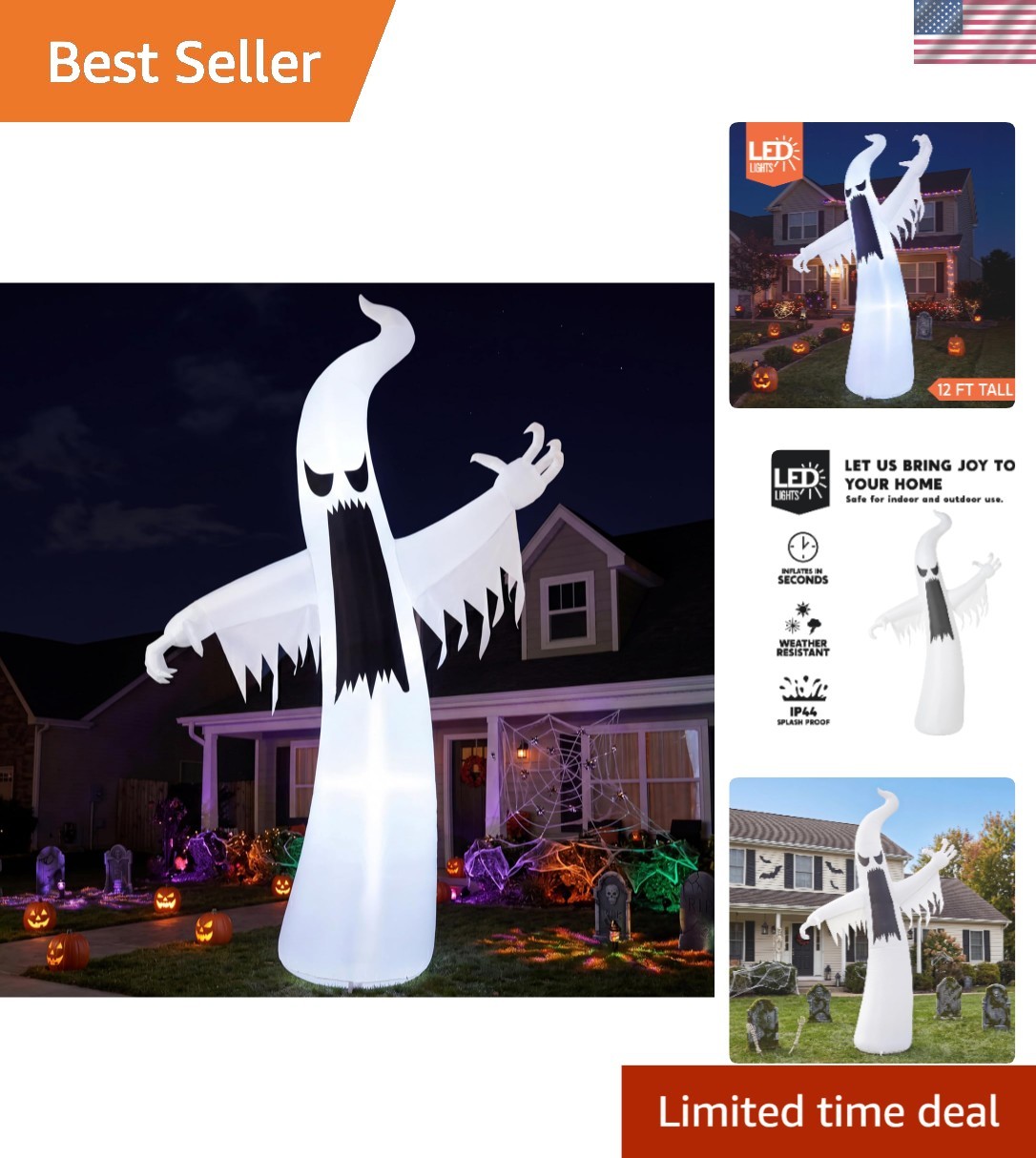 Giant 12 FT Ghost Inflatable with Waterproof Material & Stunning LED Lights