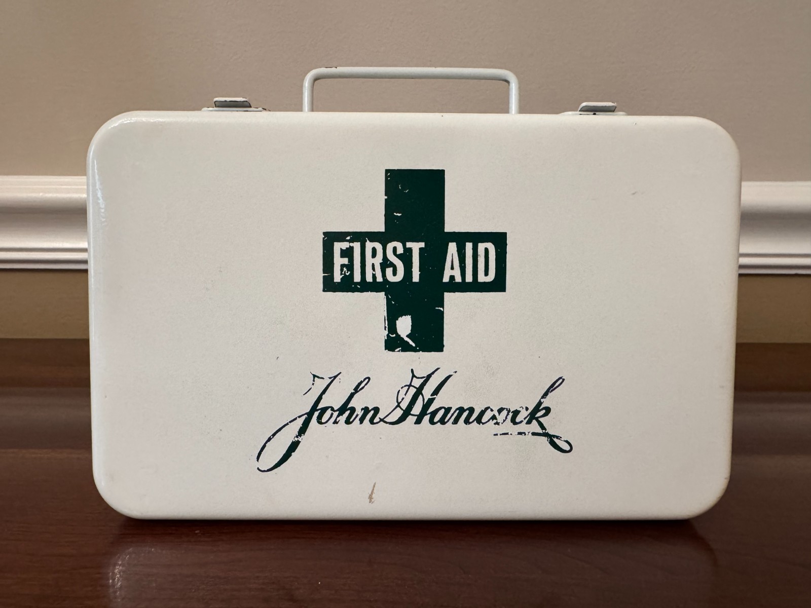 Vintage John Hancock Metal First Aid Kit Box - Empty - Wall Mount Capable - Cool