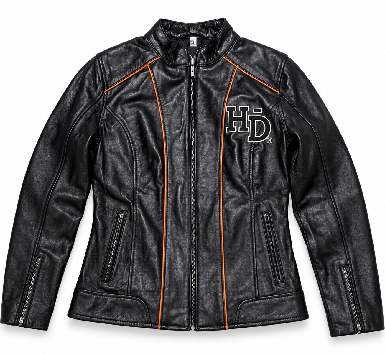Real Leather Women\'s Harley Davidson Motorcycle Jacket Black Orange XL