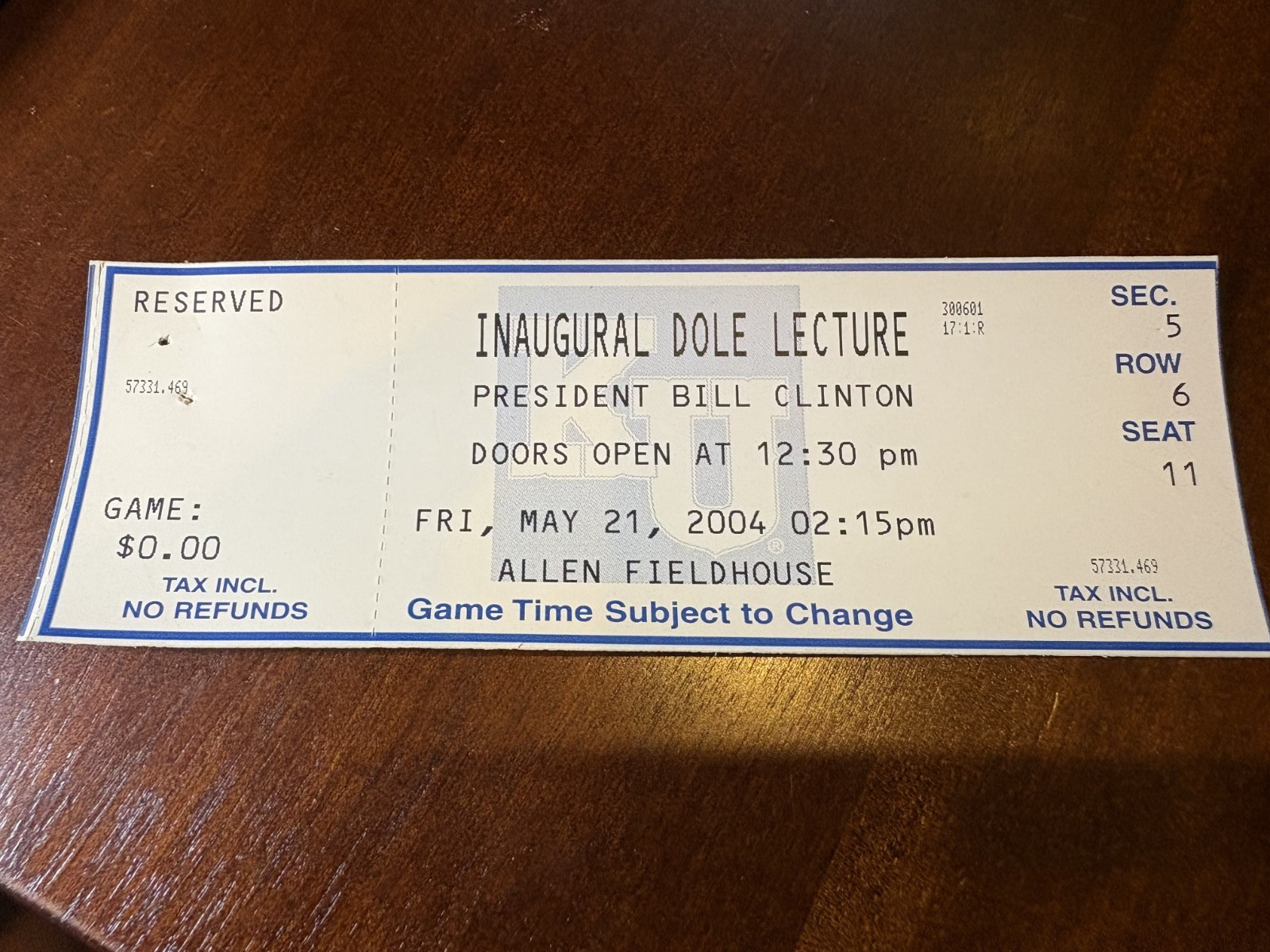 2004 Bill Clinton Bob Dole Lecture FULL TICKET UNUSED Allen Fieldhouse KU NM