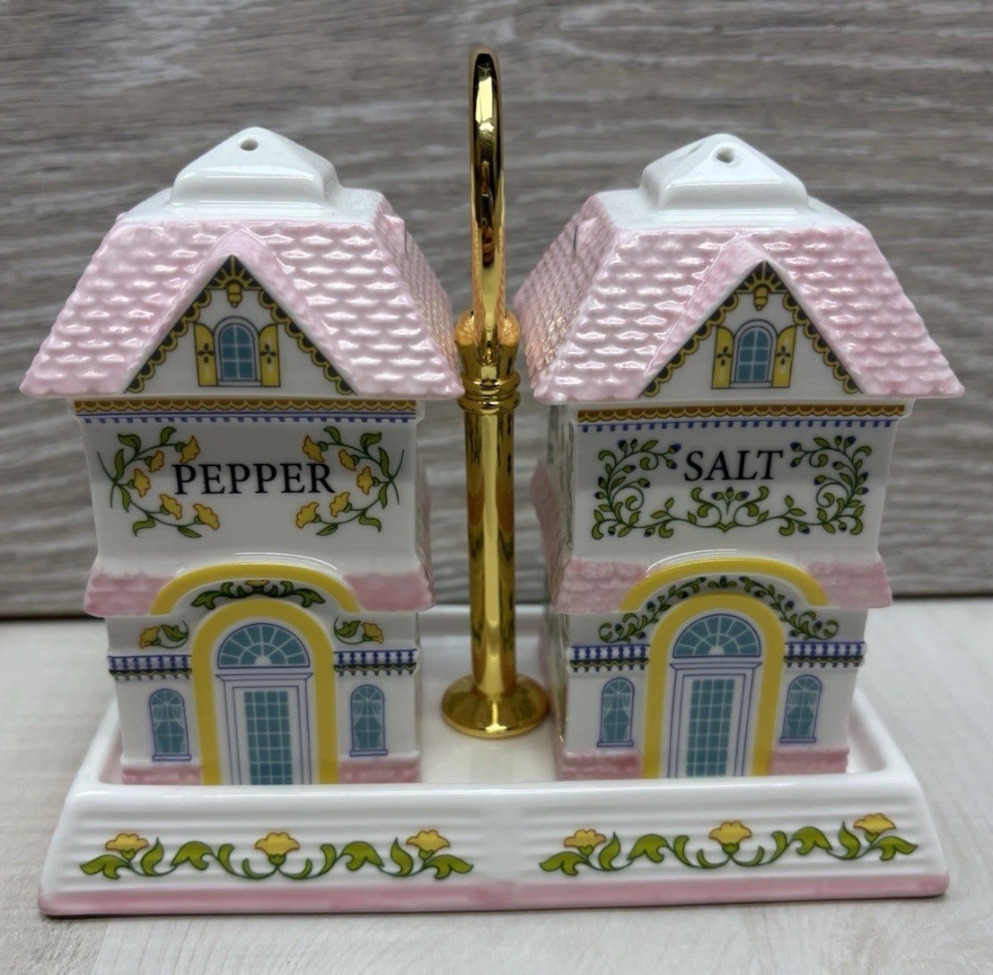 MINT Lenox Spice Village Salt & Pepper Shakers w/ Caddy Carrying Tray NO BOX