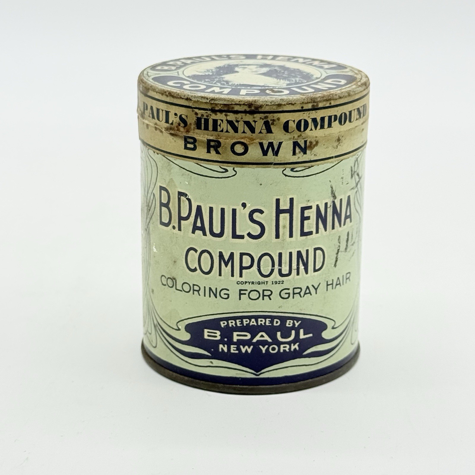 Vntg c1920's B. Paul's Henna Hair Restorer Blond Color Litho Tin, Full, Unopened