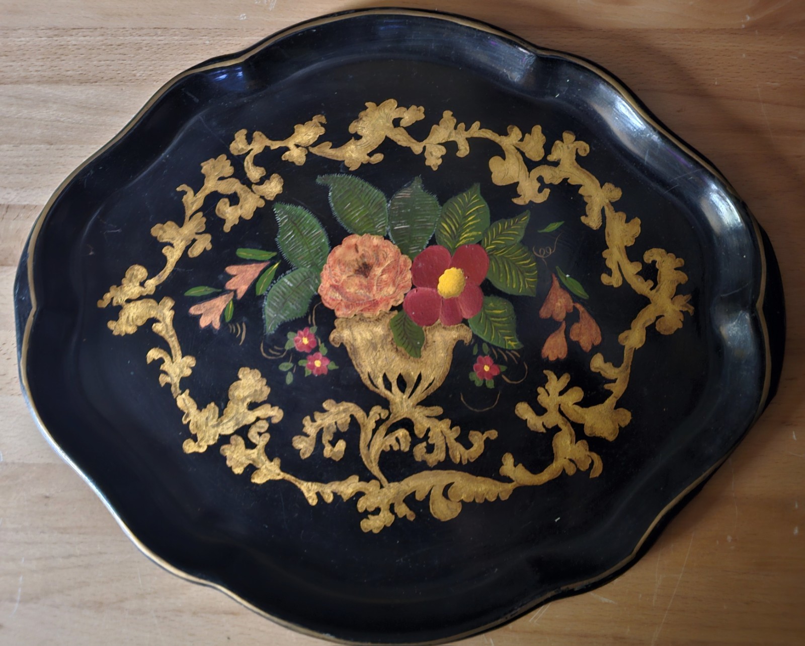 Antique Black Japanned Metal Tole Tray 16¾\