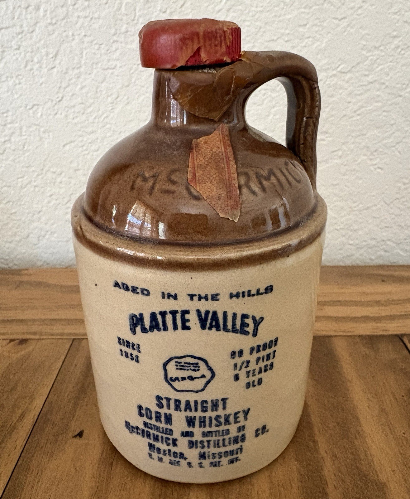 Vintage 1974 McCormick Platte Valley Straight Corn Whiskey Stoneware Jug / Empty