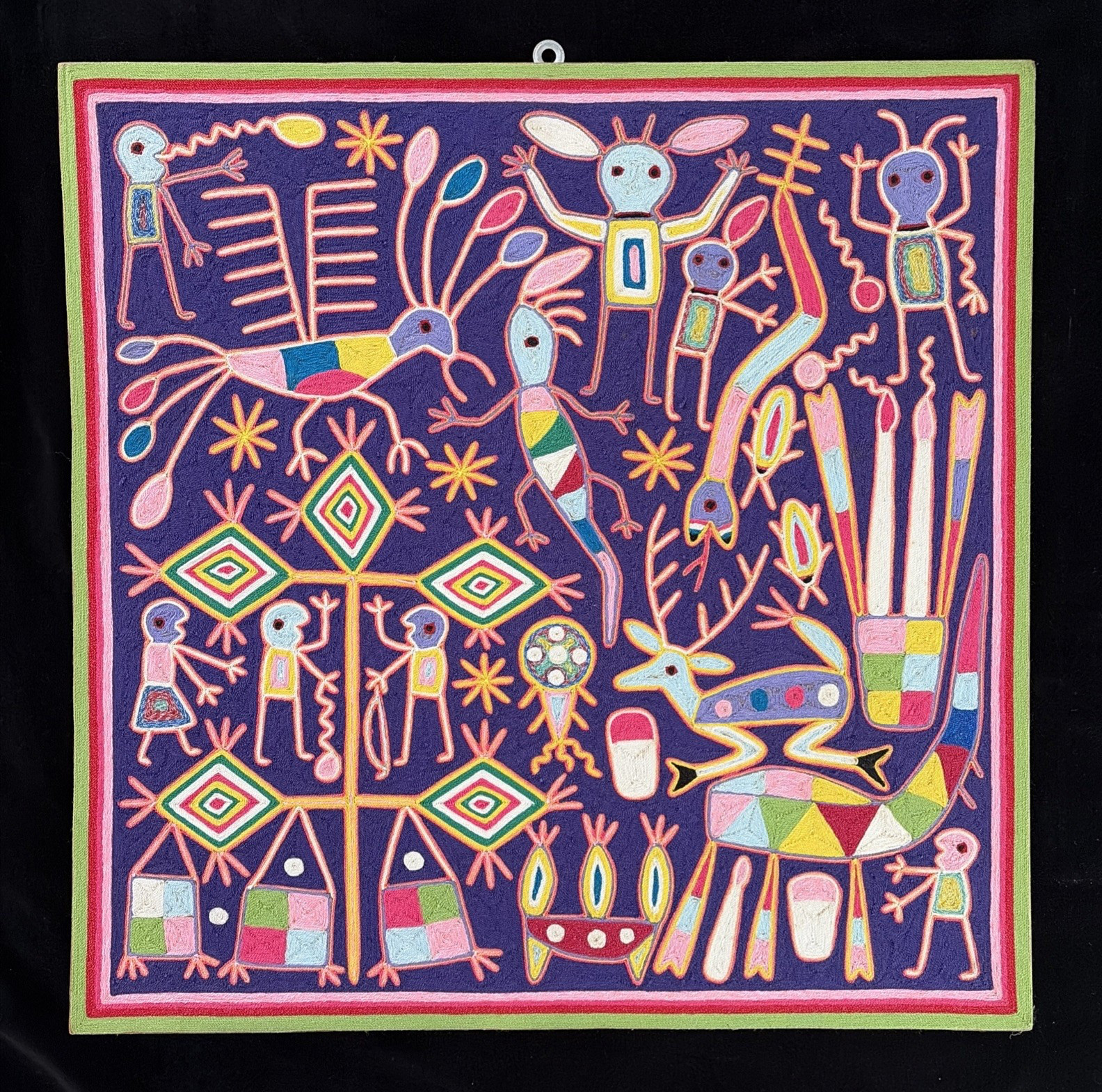 Vintage Huichol Yarn Painting by Cresencio Perez Robles 23.5