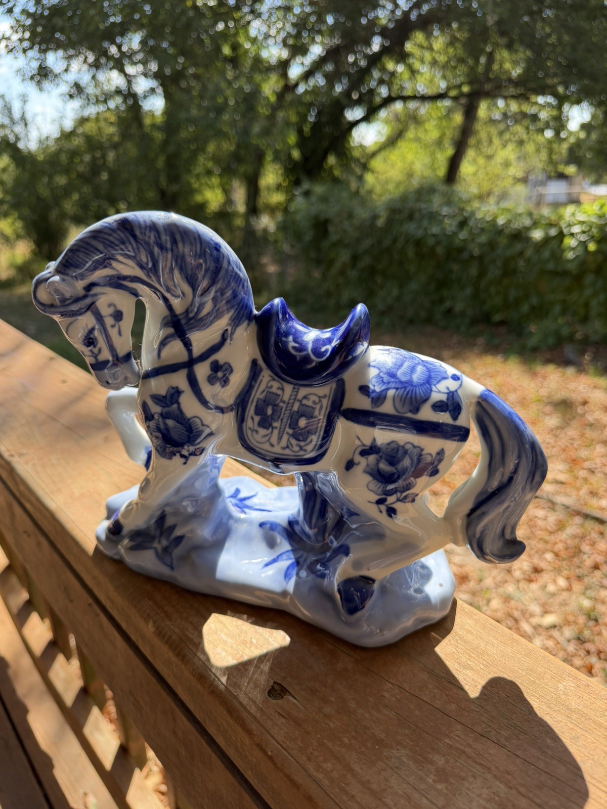 Vintage Blue And White Hand Painted Porcelain Show Horse Statue.
