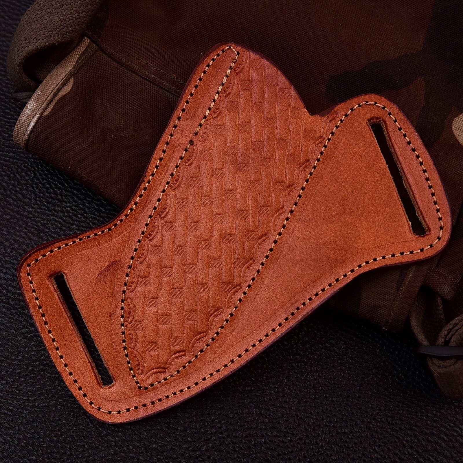 LEATHER ENGRAVED PANCAKE Fixed Blade Knife Belt Sheath Folding Tool Case Cover