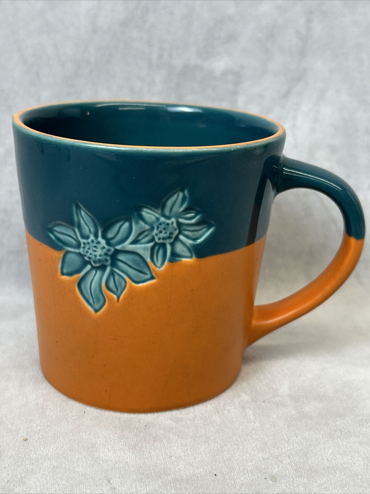 2006 Starbucks Mug Orange Blue Embossed Flowers Sunflowers  17 Ounce Coffee Cup