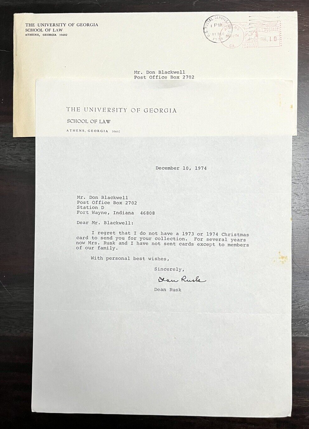 Vintage 1974 Dean Rusk Signed Letter w Envelope JFK Secretary of State No COA