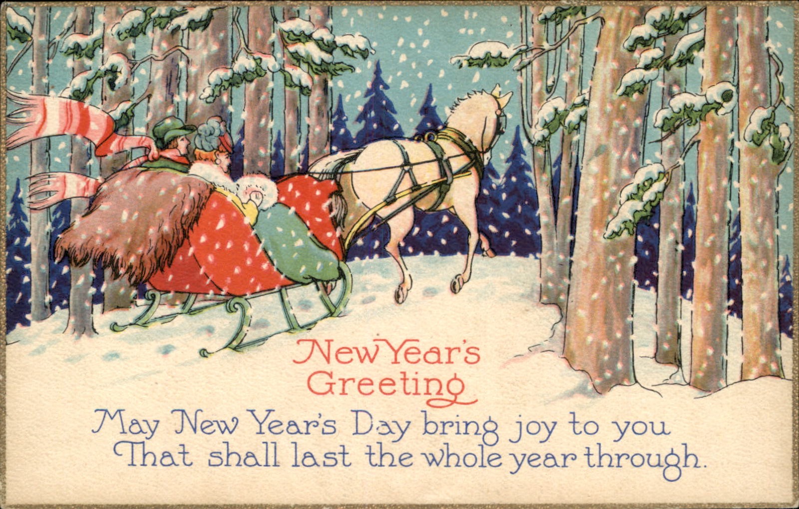 New Year\'s Santa Claus in Sleigh Winter Scene c1910s-20s Vintage Postcard