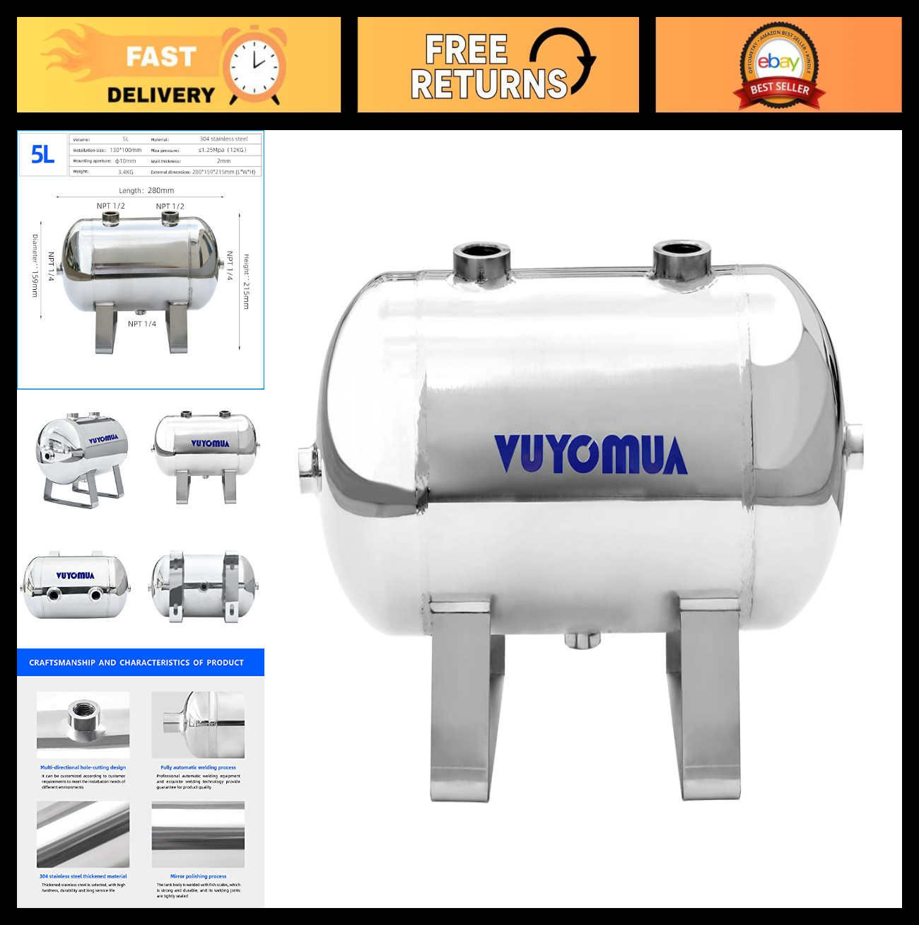 1.3Gallon 304 Stainless Steel High Pressure Mini Small Portable Air Tank Air Res 1.3Gallon 304 Stainless Steel High Pressure Mini Small Portable Air Tank Air Res