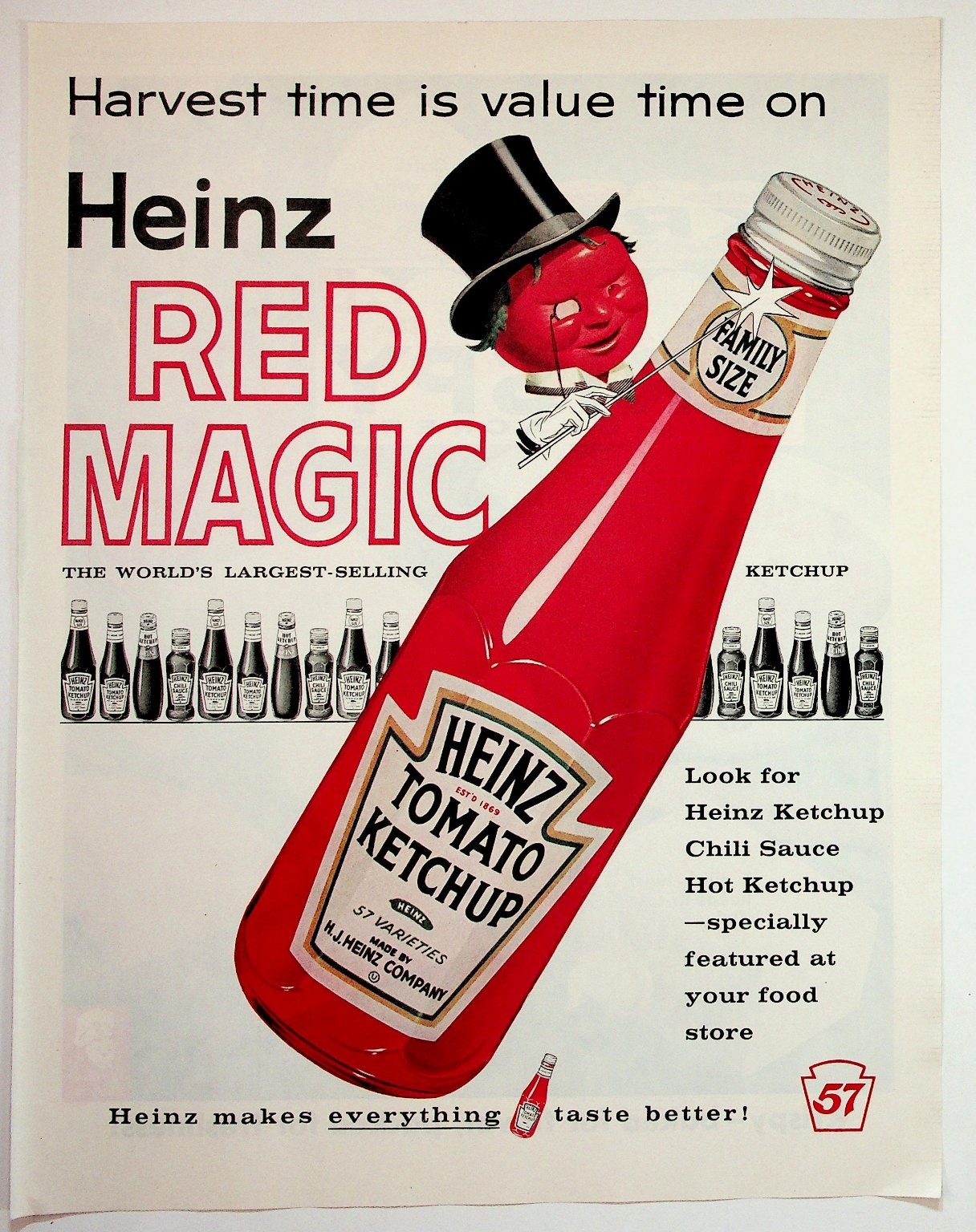 Vintage 1950s Heinz Tomato Ketchup Print Ad Red Magic Family Size Foodie
