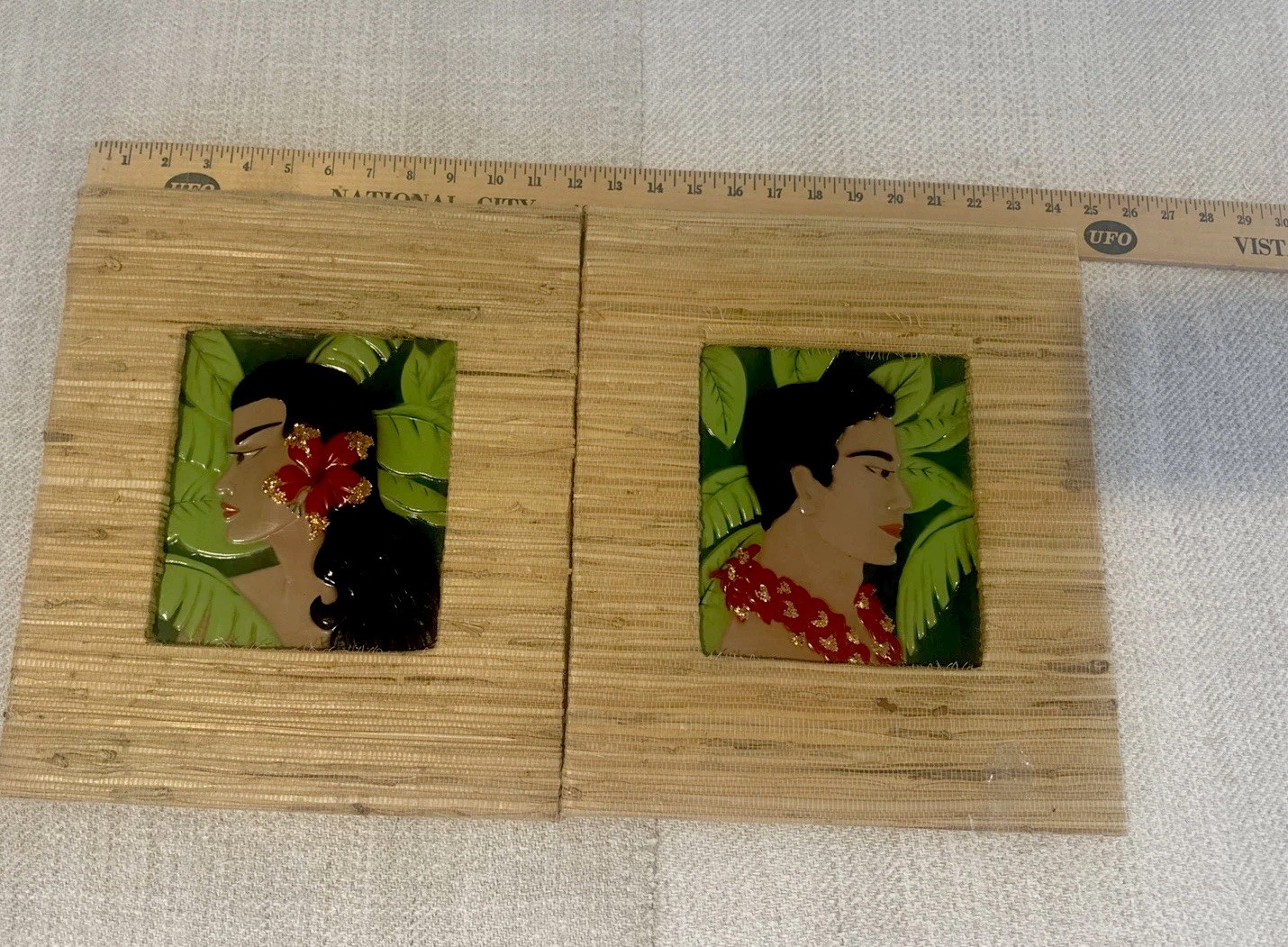 Vintage Female & Male Hula Hawaiian Pictures Celluloid Relief Wanda Irwin 1948