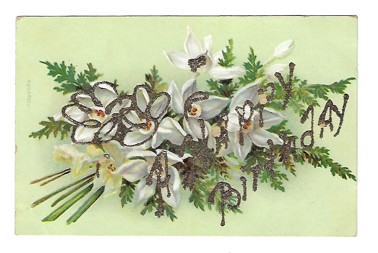c1907 Birthday Greetings Postcard White Flower, Glitter/ Embossed