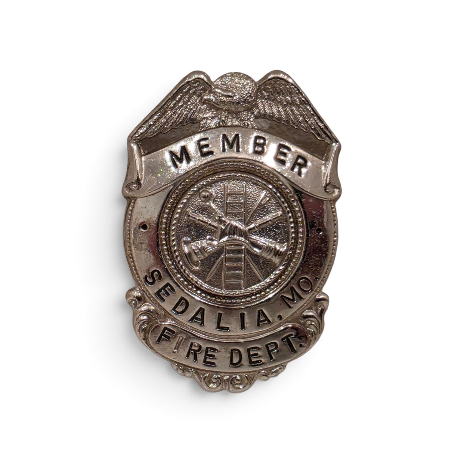 Vintage Obsolete Sedalia, MO Member Fire Fighter Department Badge Eagle Shield
