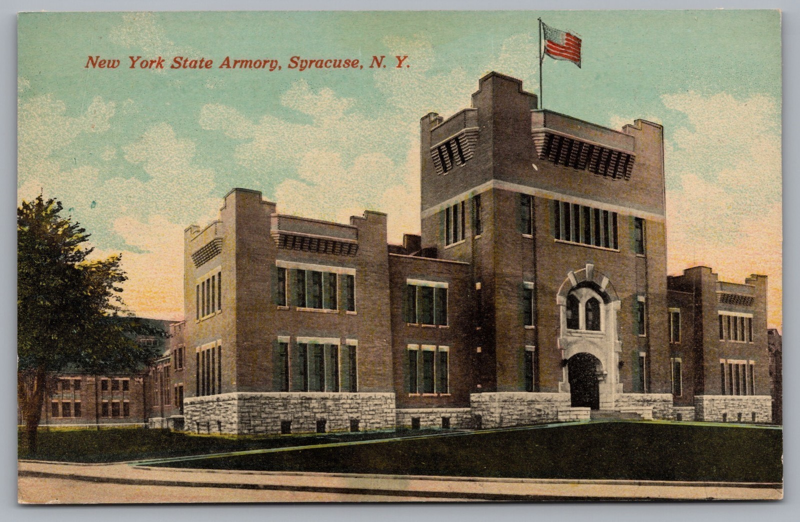 NY State Armory Syracuse NY Vintage American Flag Postcard TS-219