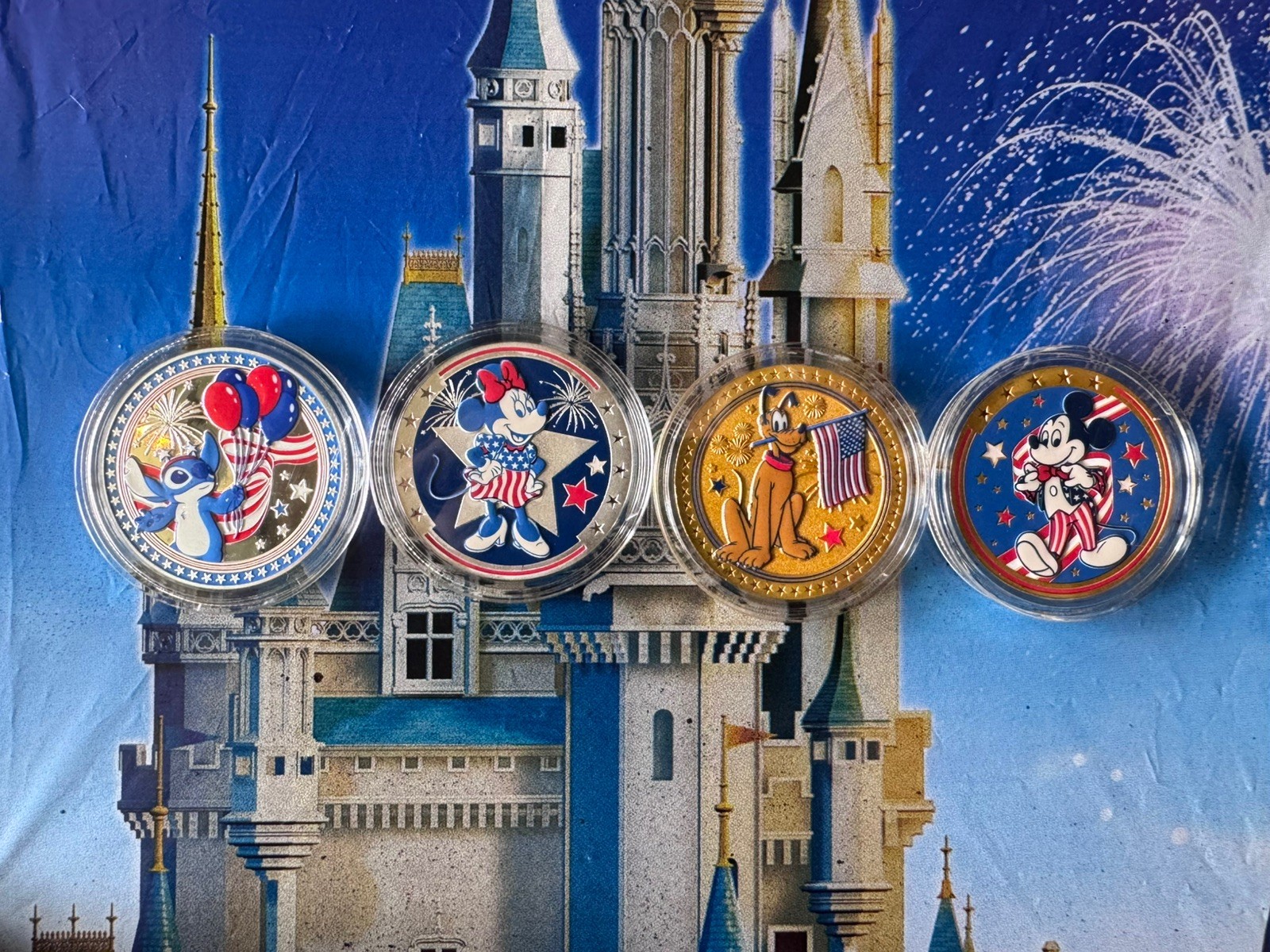 2026 Disney Parks 1 Set of 4 Medallion Coin USA 250th Mickey Minnie Pluto Stitch