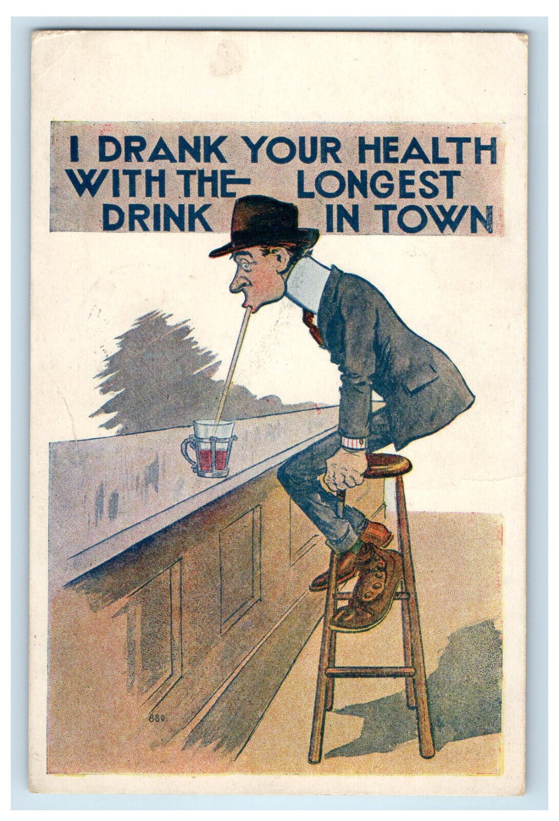 1913 Business Man Drinking Alcoholic Drink with Straw Posted Postcard