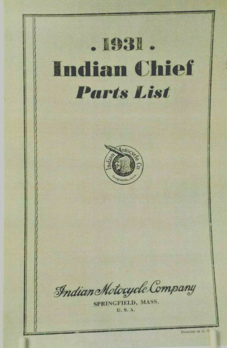 1931 Indian Motorcycle  Chief  Parts List For The  HP-301 & HP301-A 1931 Series 