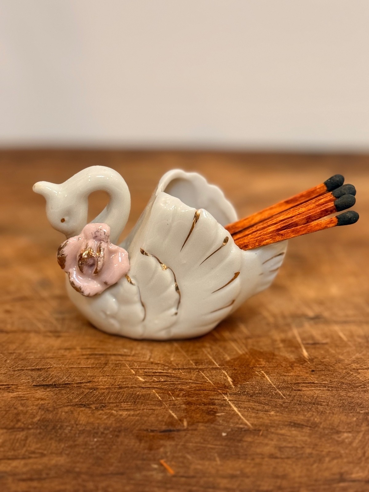 Vintage White Swan Toothpick/Match  Holder with Pink Flower Japan