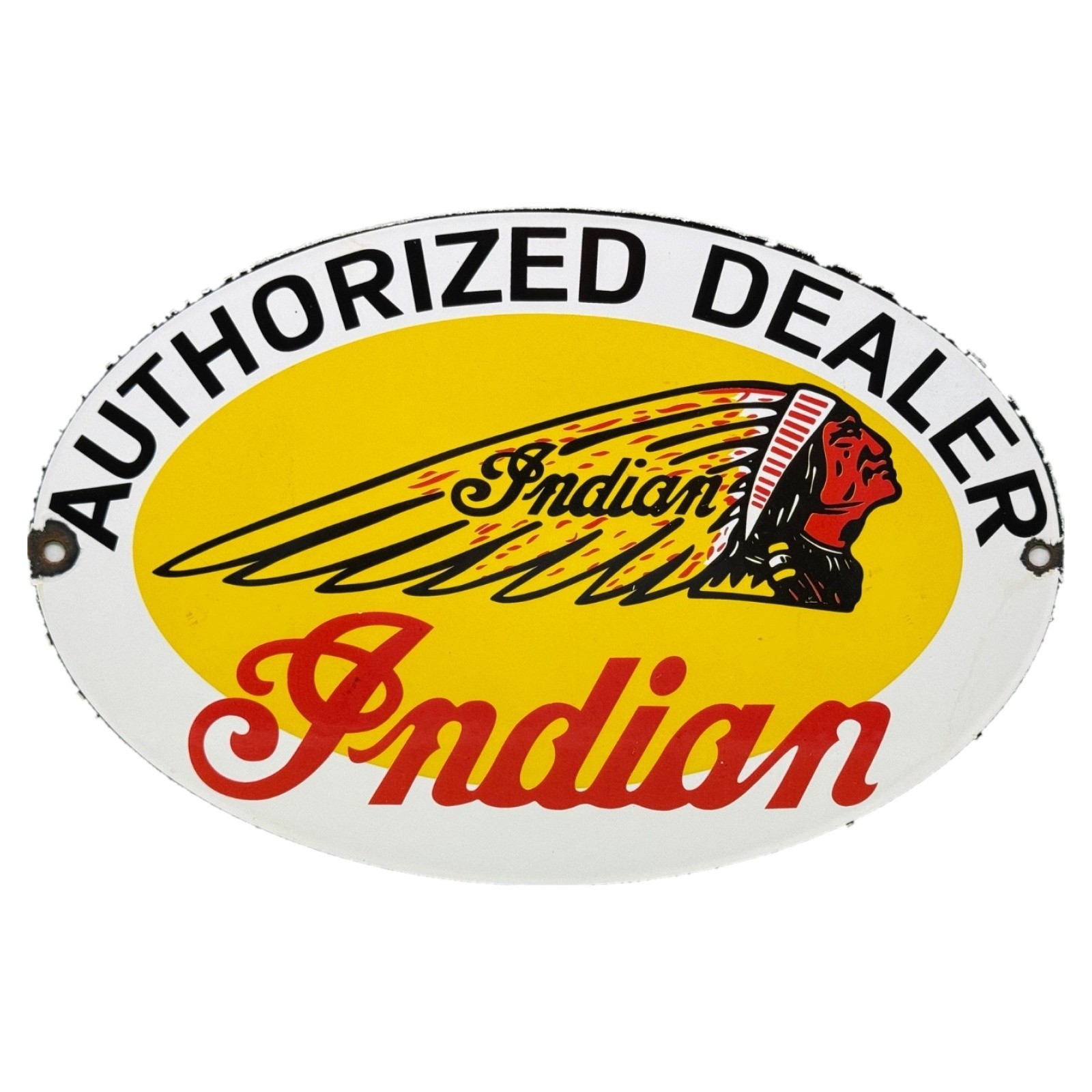 VINTAGE INDIAN MOTORCYCLE AUTHORIZED DEALER PORCELAIN SIGN OVAL HEADDRESS