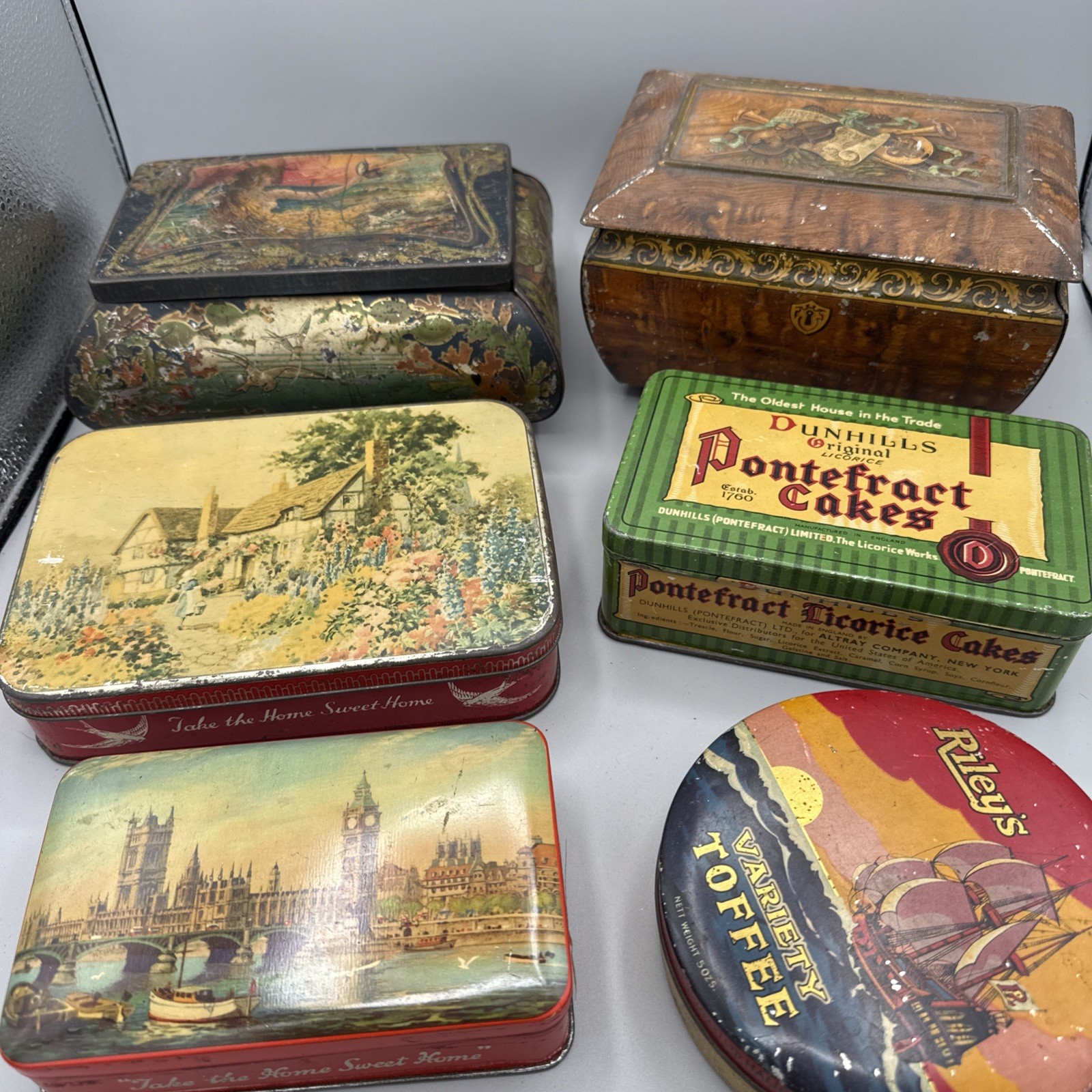 Antique Vintage England  Cakes , Candy Tin Metal Box Case Set of 6 pcs Lot