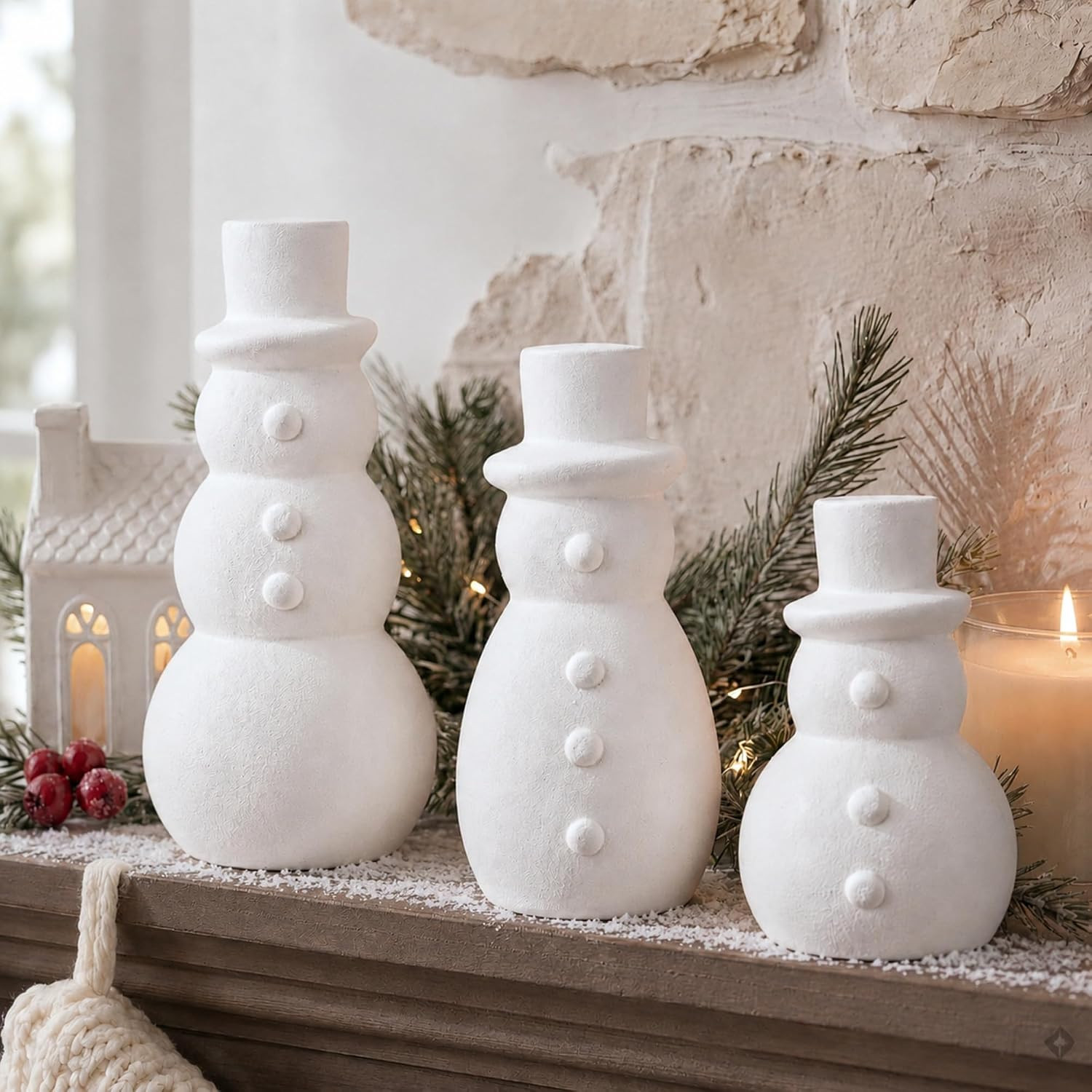 Rattanview 3 Pcs Christmas Terracotta Snowman Figurines Rustic Snowman Decoratio