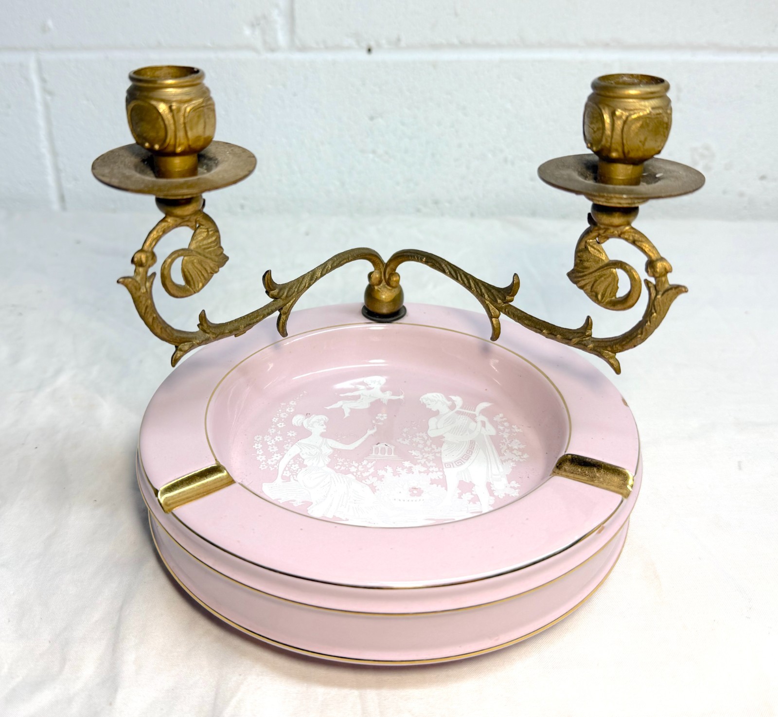 Vintage pate sur pate Italian pink porcelain gilt bronze ashtray candle holder