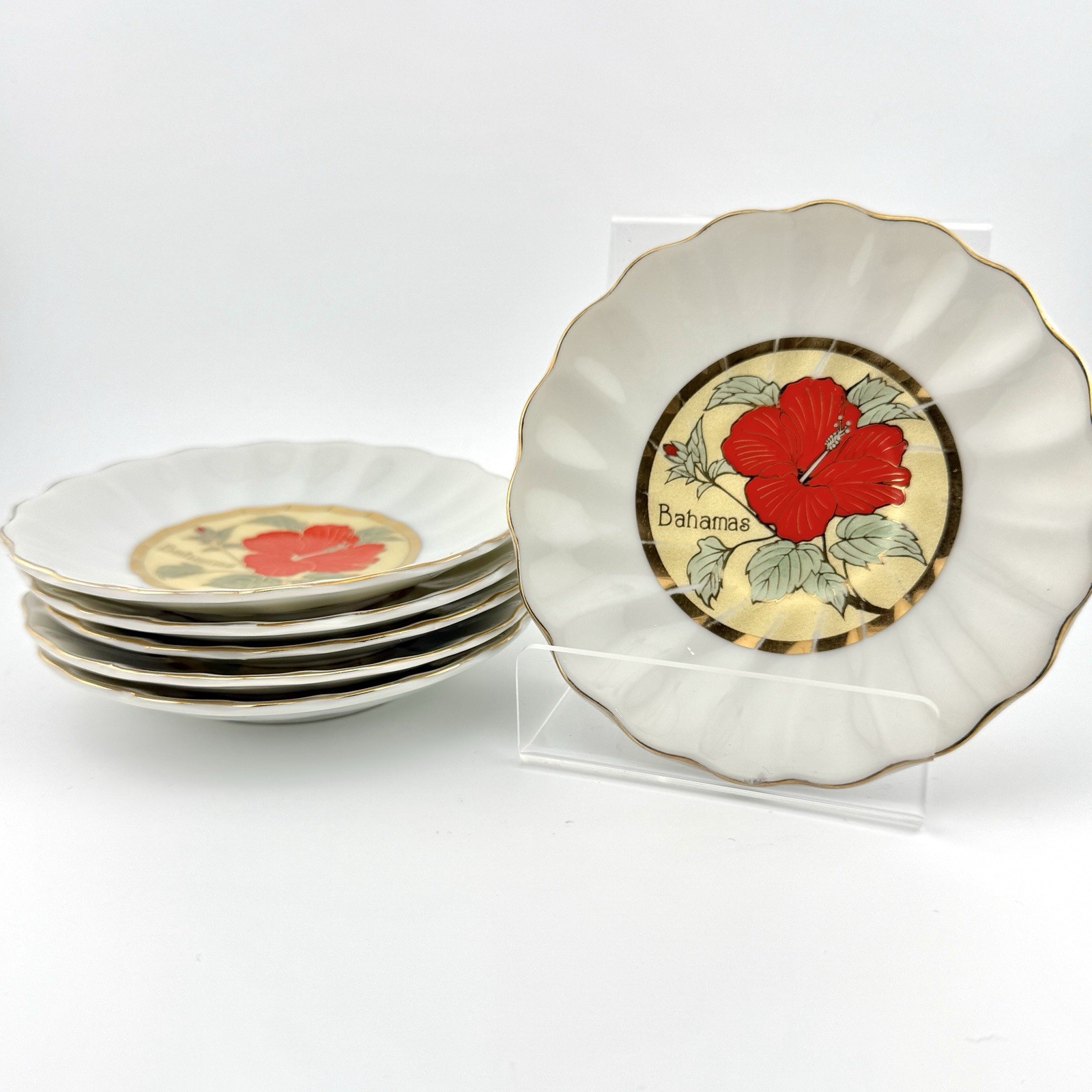 Vintage Mica Chokin Bahamas Plates Set of 6 24K Gold Trim Scalloped Dessert