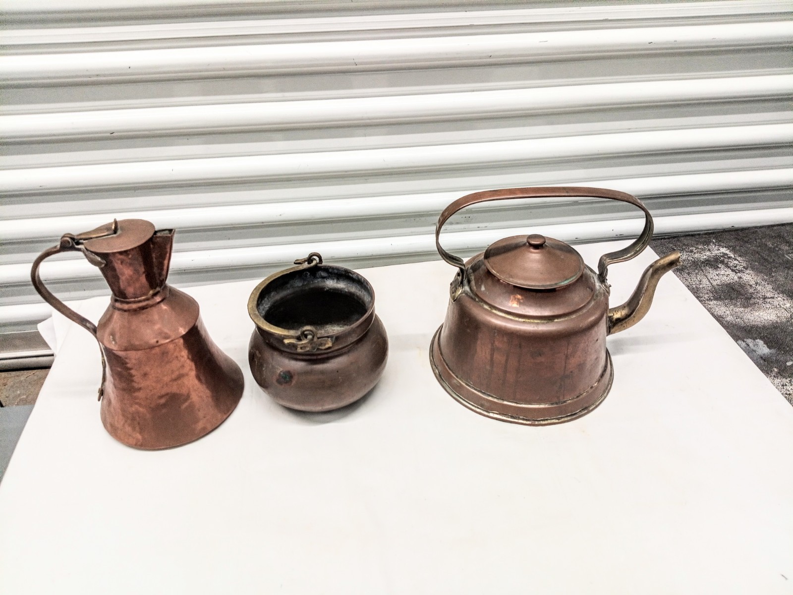 ANTIQUE 19TH CENTURY  HAND RUSTIC COPPER COOKWARE. TEAPOT, MILK $ SUGAR BOWLS. 