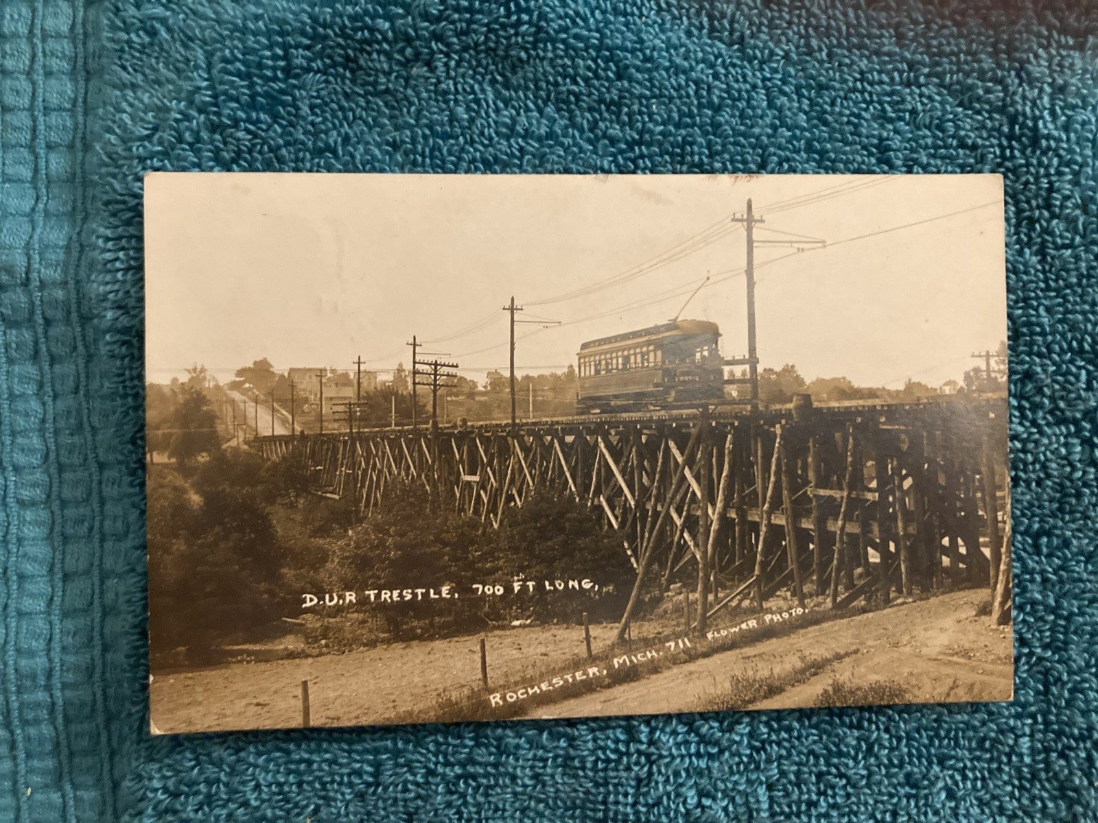 RPPC Rochester Michigan Rare Trolly on Wooden Bridge Posted to Harbor Beach Mi