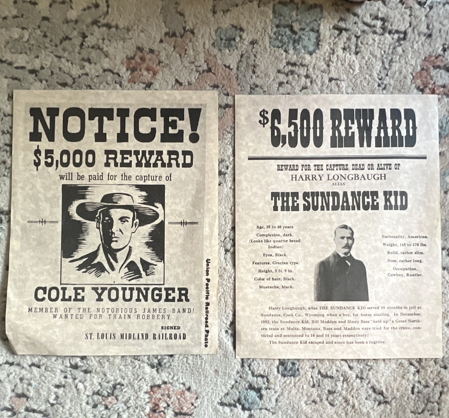 Western Americana Wanted Reward Posters Lot: Cole Younger & Sundance Kid