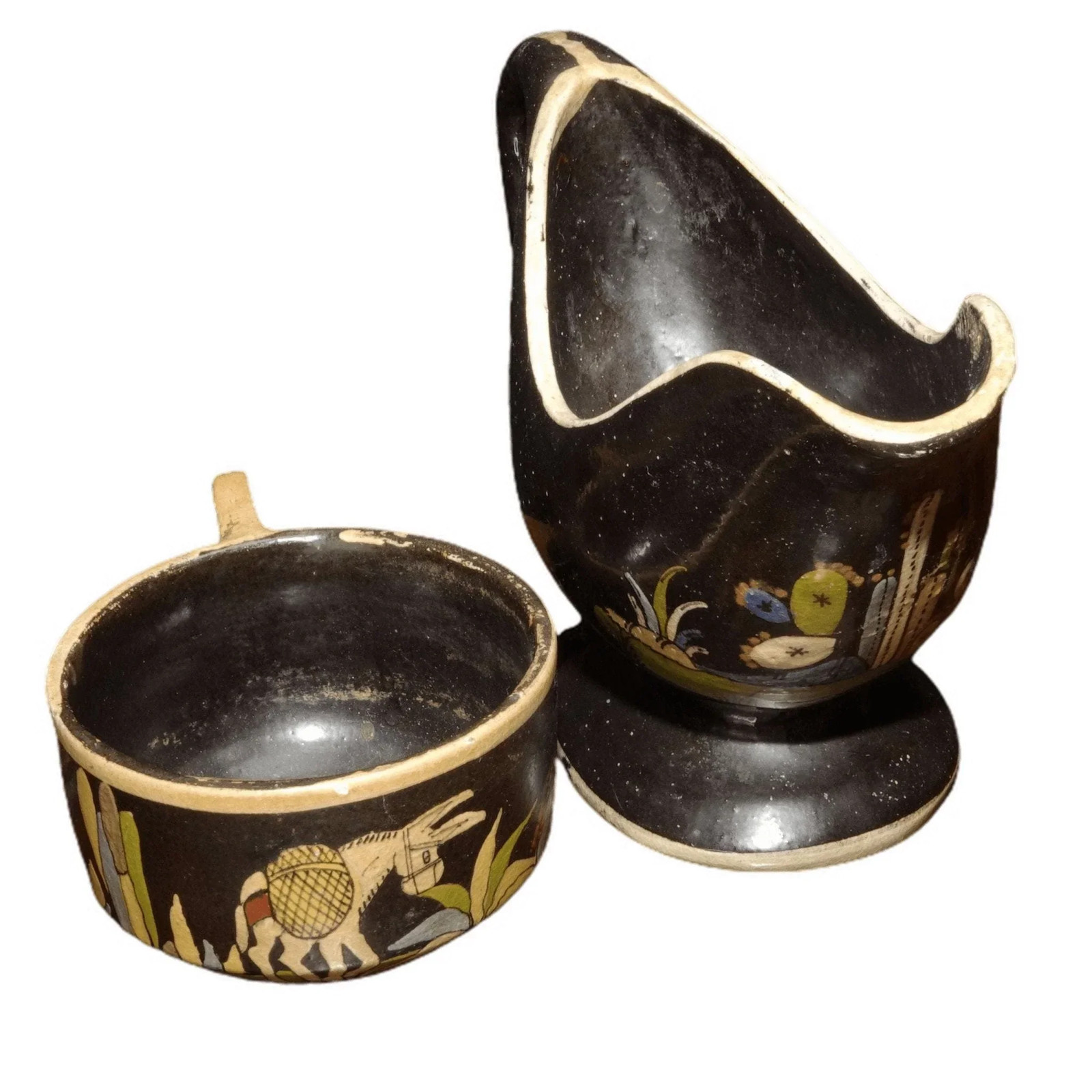 c1940 Tlaquepaque Mexican Folk Pottery Gravy Boat and Cup