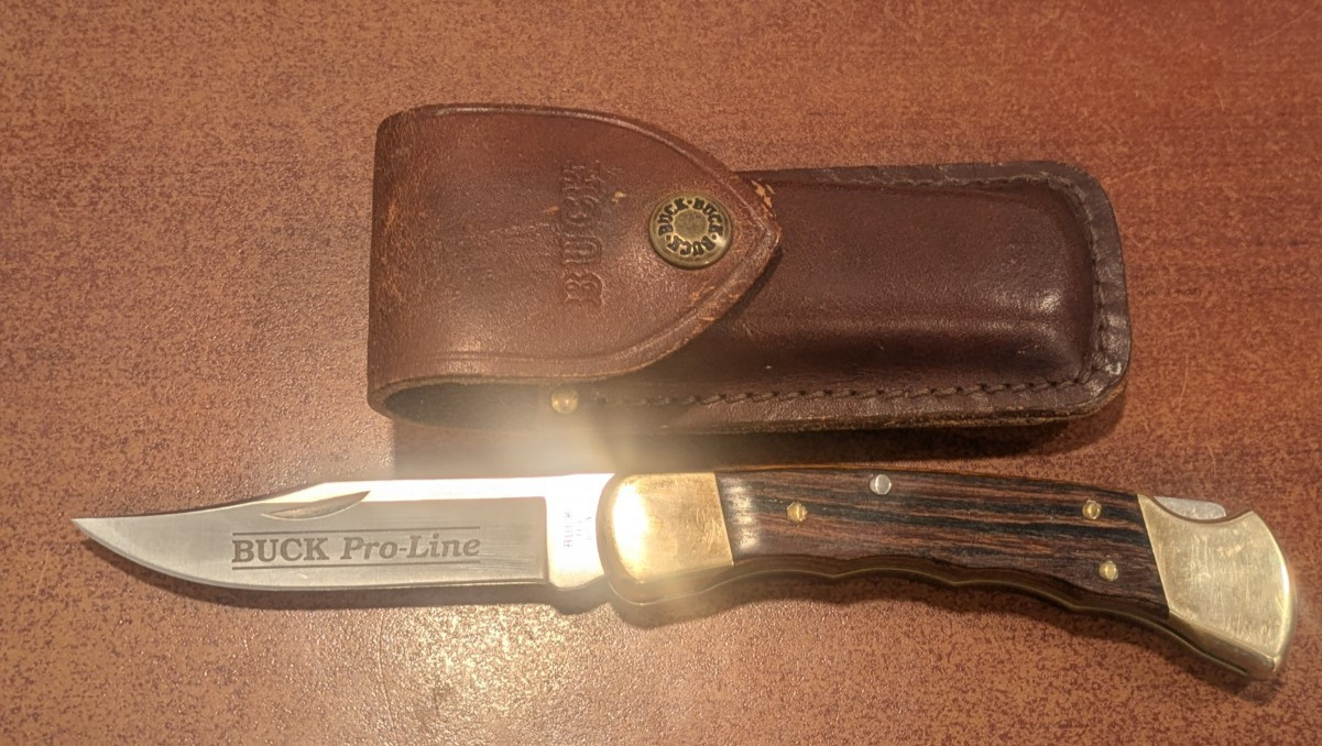 1994 Buck 110 Pro-Line Folding Hunter Knife USA Finger Groove Wood w/ Sheath
