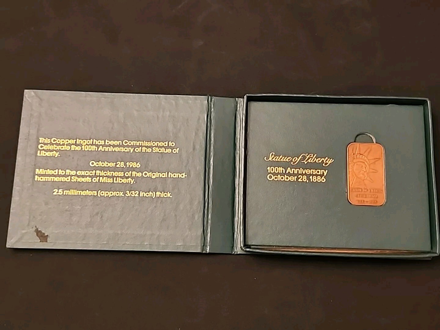 Statue Of Liberty Centennial 1886-1986 100th Anniversary Copper Ingot Souvenir 