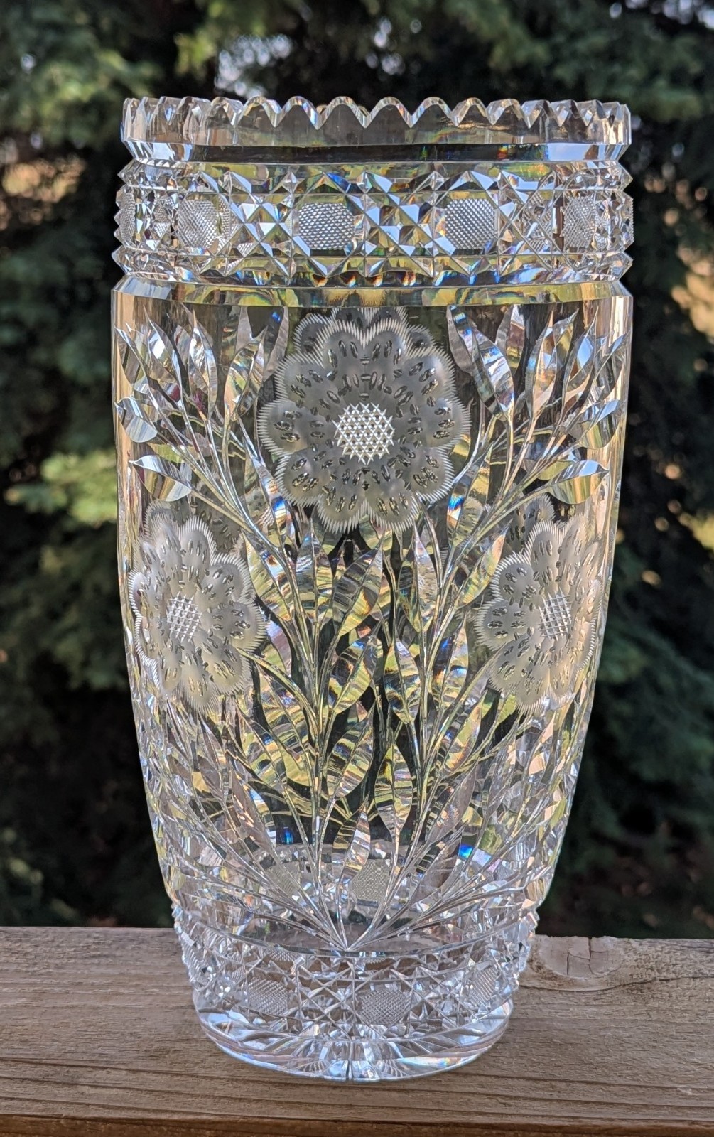Vtg. Bohemian Heavy Crystal Vase Diamond & Floral Pattern 11\