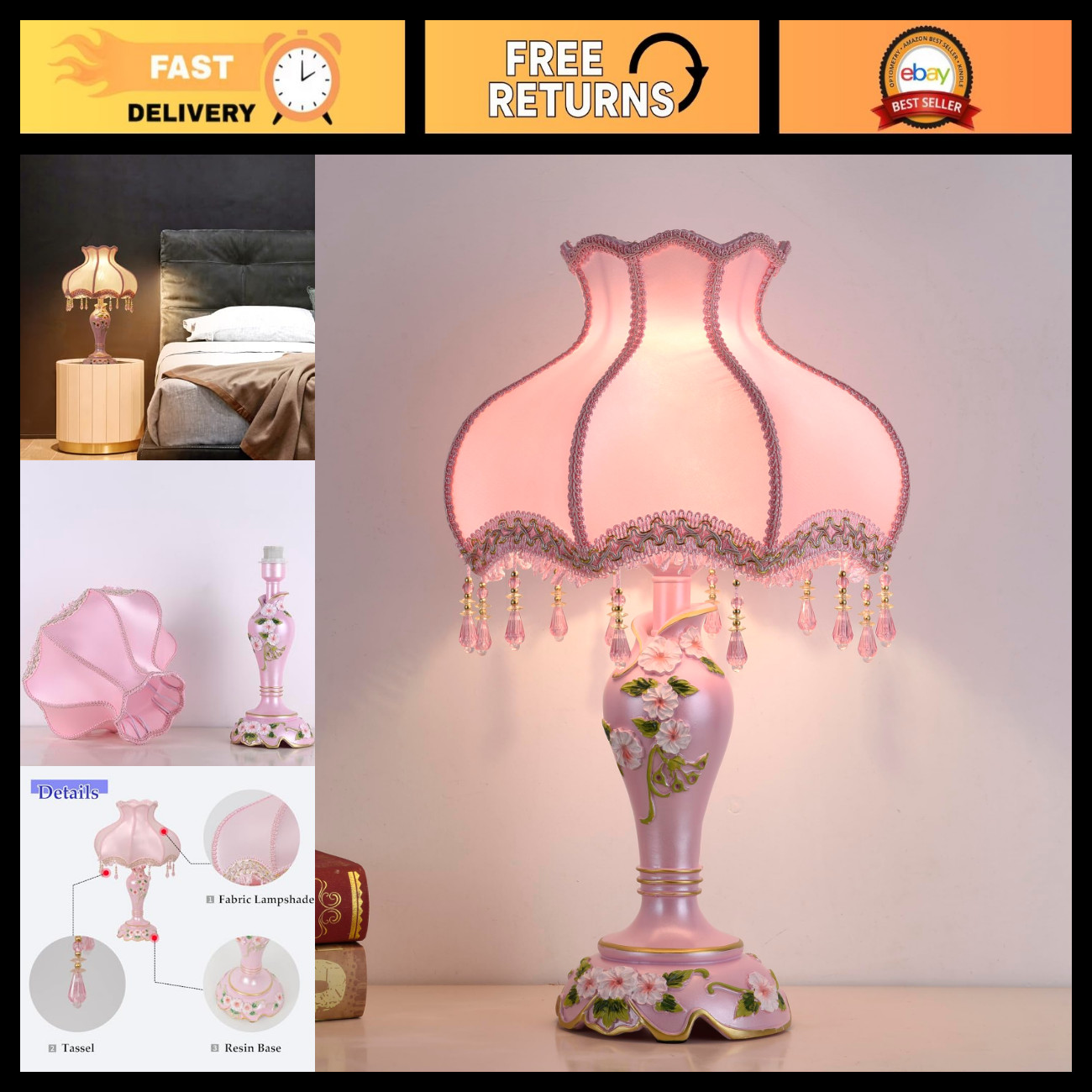 Victorian Style Pink Table Lamp, Fabric Lampshade with Beaded Fringe, Elegant Ho