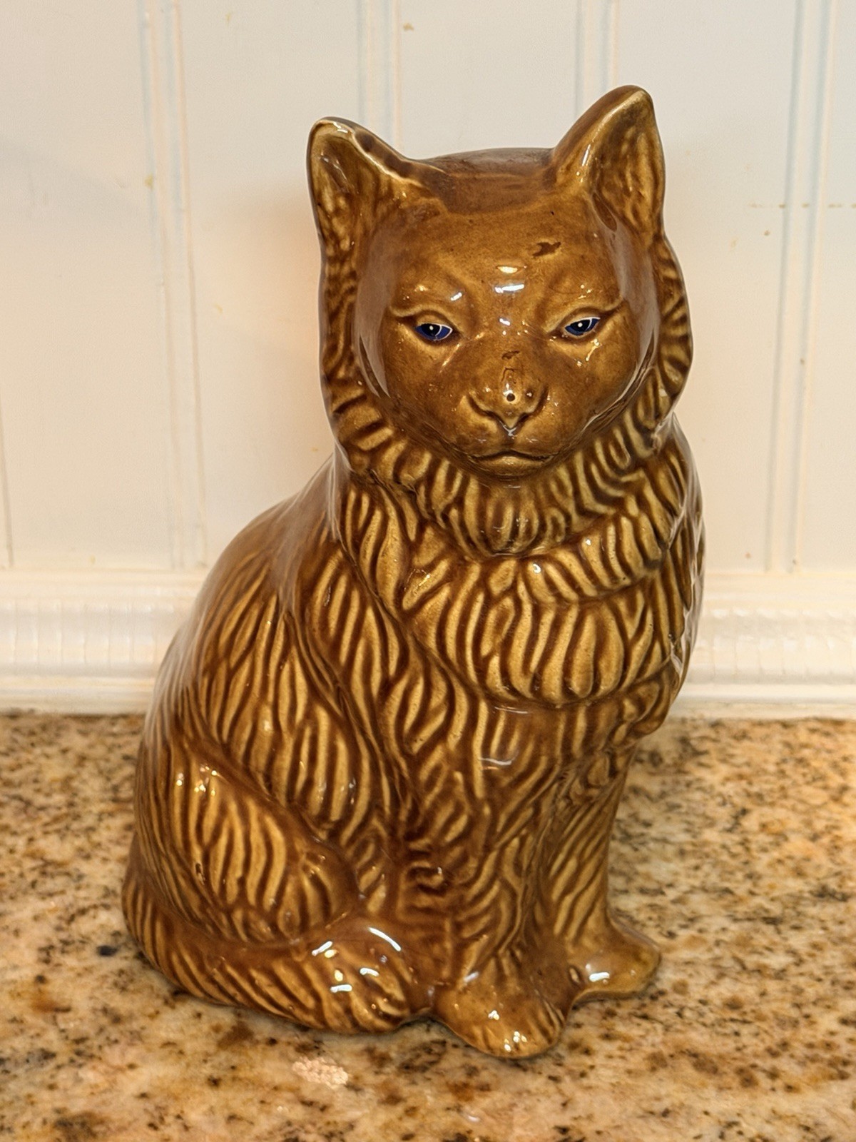 Vintage Made in Brazil Ceramic Cat Figurine 8.5” Amber Brown Blue Eyes