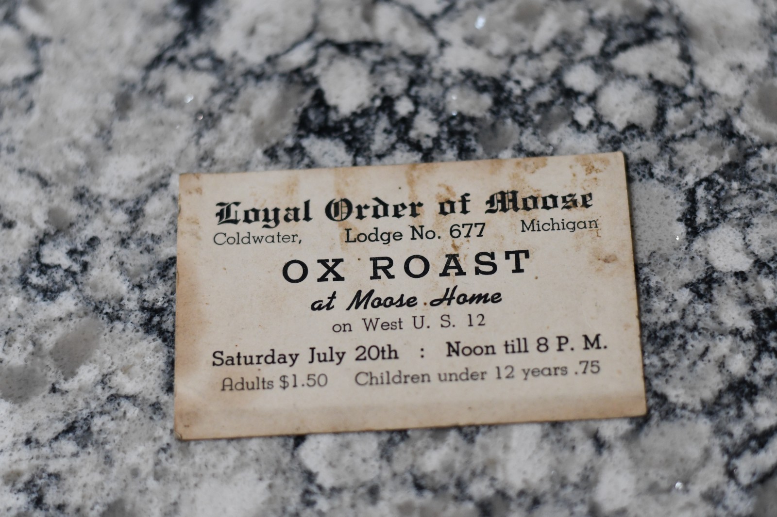Business Card Antique Vintage Loyal Order Moose 677 Ox Roast Ticket Coldwater MI