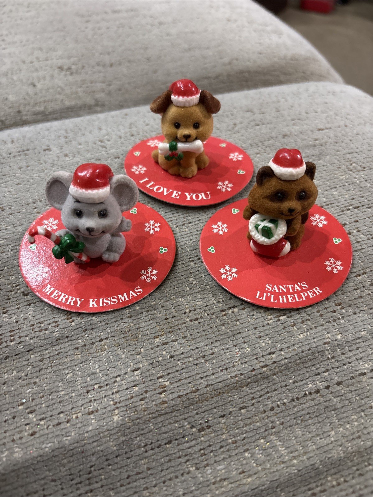 3 Vintage Russ & Berrie Co. Mini Christmas Flocked Figures Dog Mouse