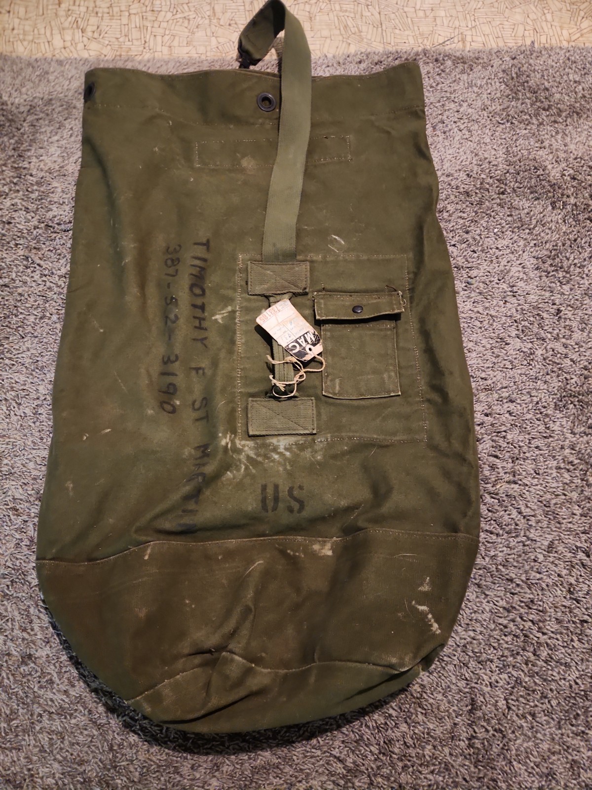 Vtg 1970 Vietnam  U.S. Canvas Duffel Bag  Original MAC Flight Tag Named