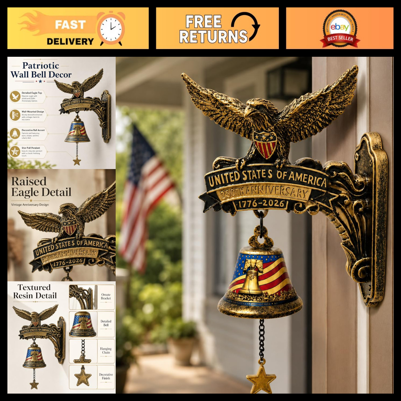 250th Anniversary Wall Bell - Patriotic Eagle Doorbell, Vintage Resin Wind Chime