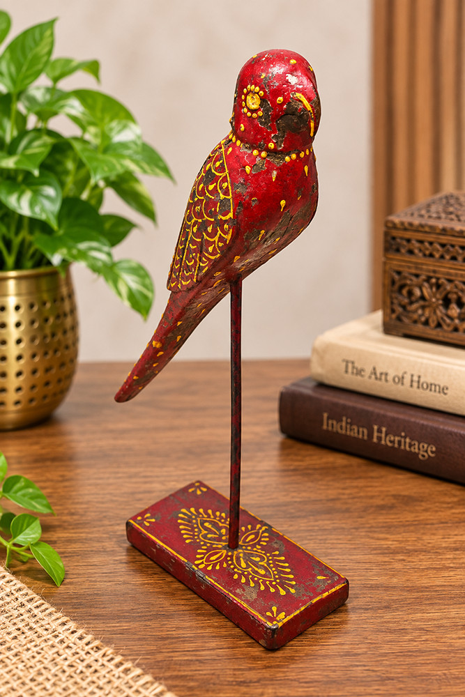 Vintage Handcrafted Wooden Bird Decorative Figurine on Stand