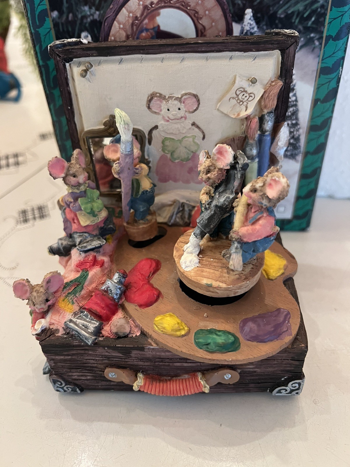 Rare Vintage Enesco Multi Action Music Box  Painting Art Mice Plays \