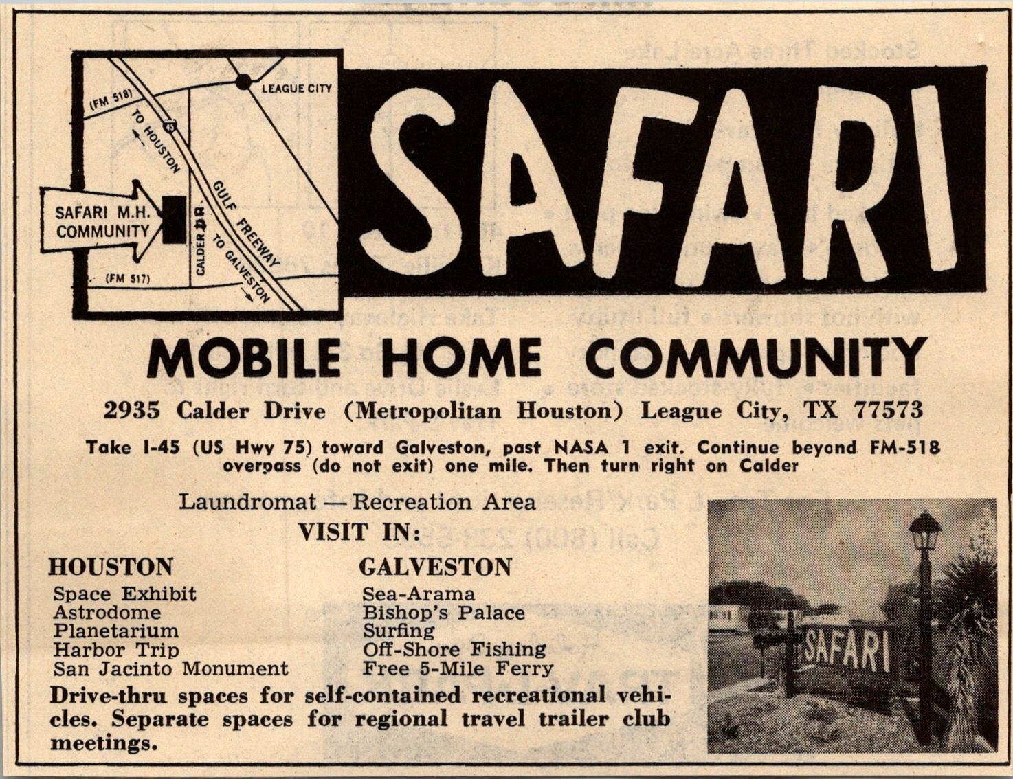 Safari Mobile Home Community Laundromat Rec Area League City TX 1974 Ad TAK6-M23