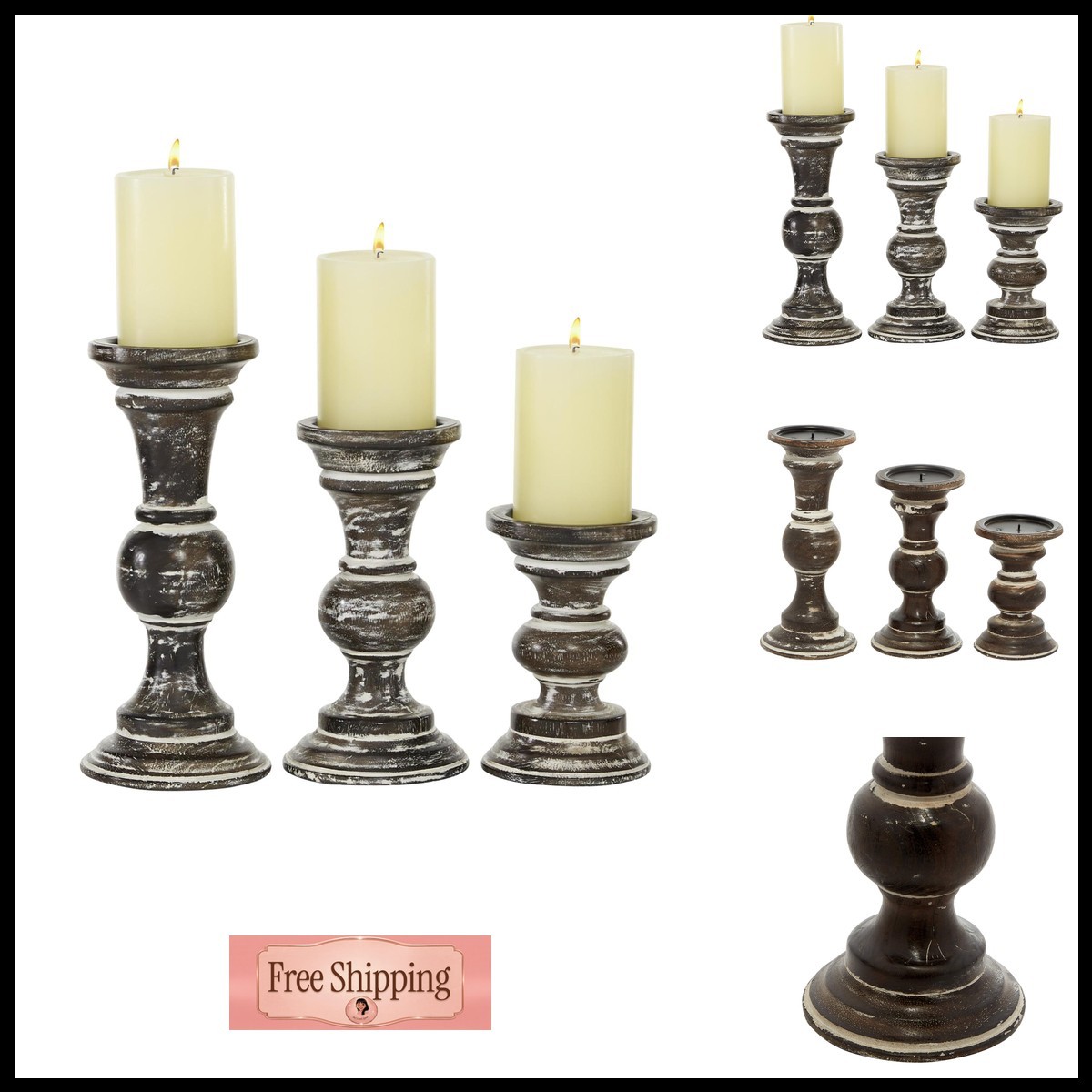 Deco 79 Wood Candle Holder Set of 3 6\' 8\' 10\'H Dark Brown