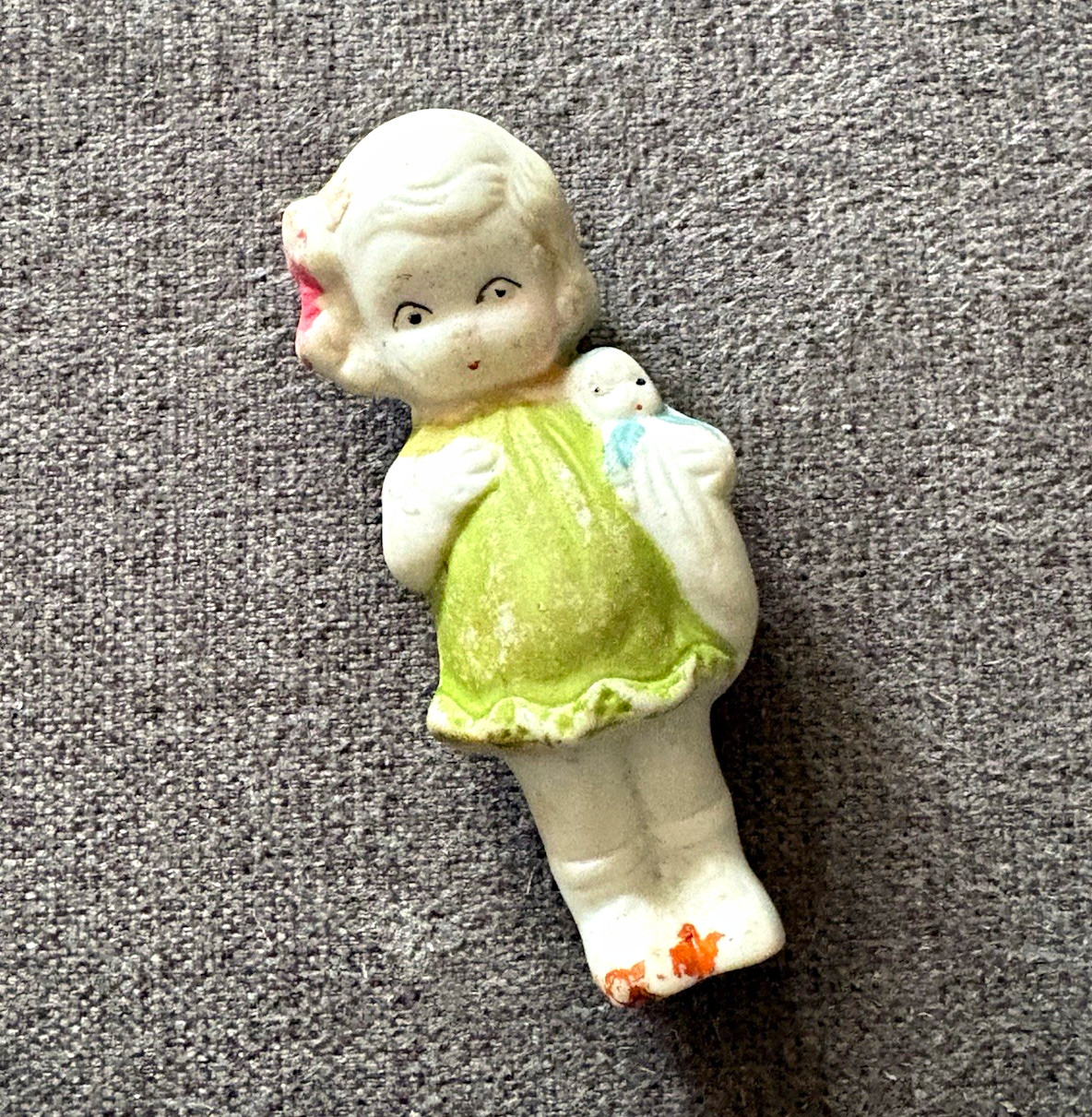 Vintage Japan 1950s penny doll Hand Painted bisque Girl Figurine Holding Baby 