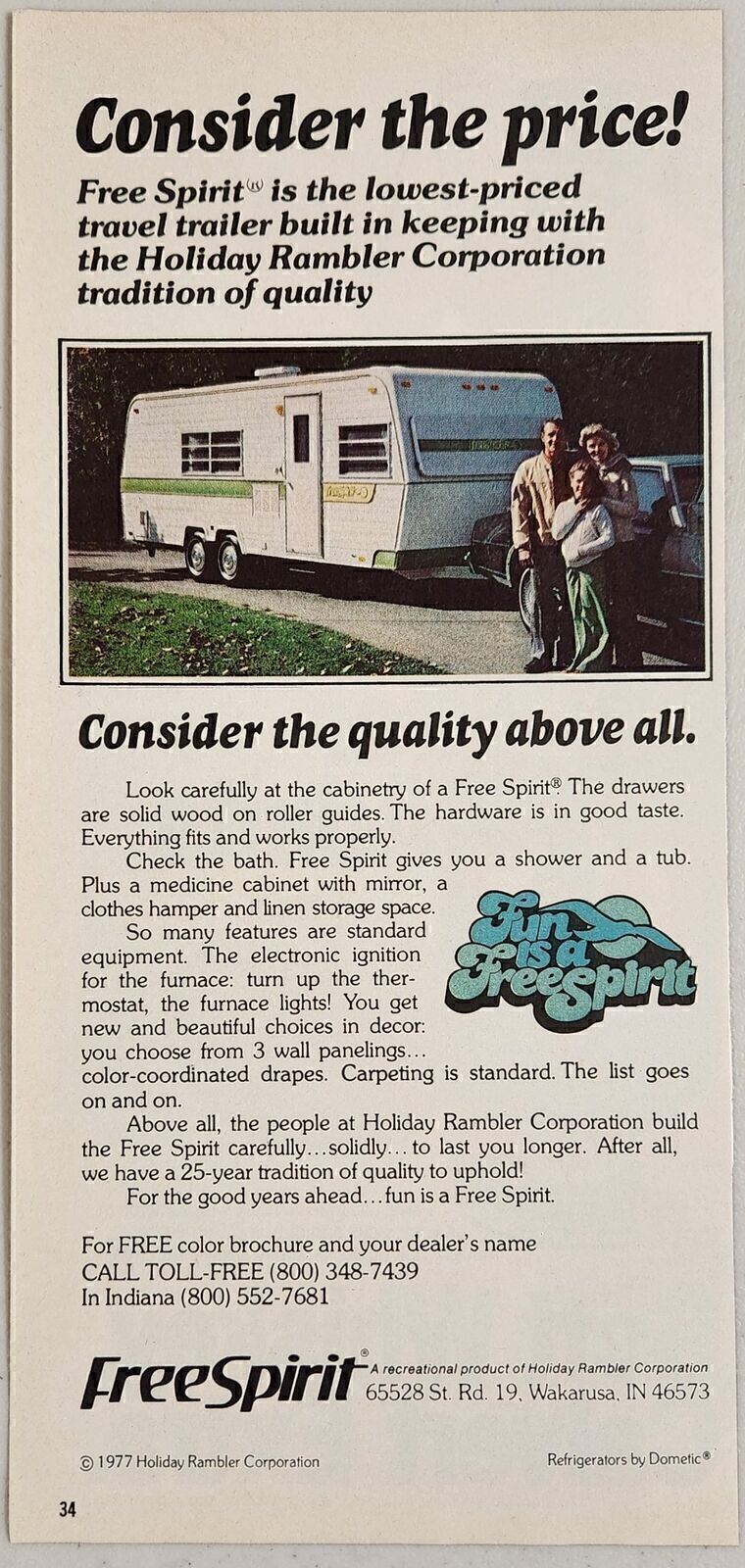 1978 Print Ad Free Spirit Travel Trailers by Holiday Rambler Wakarusa,Indiana