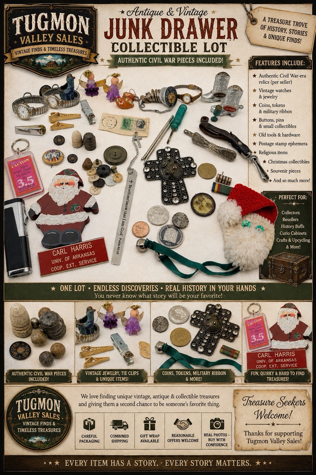 Vintage Antique Junk Drawer Lot Civil War Relics Coins Jewelry Buttons Curios