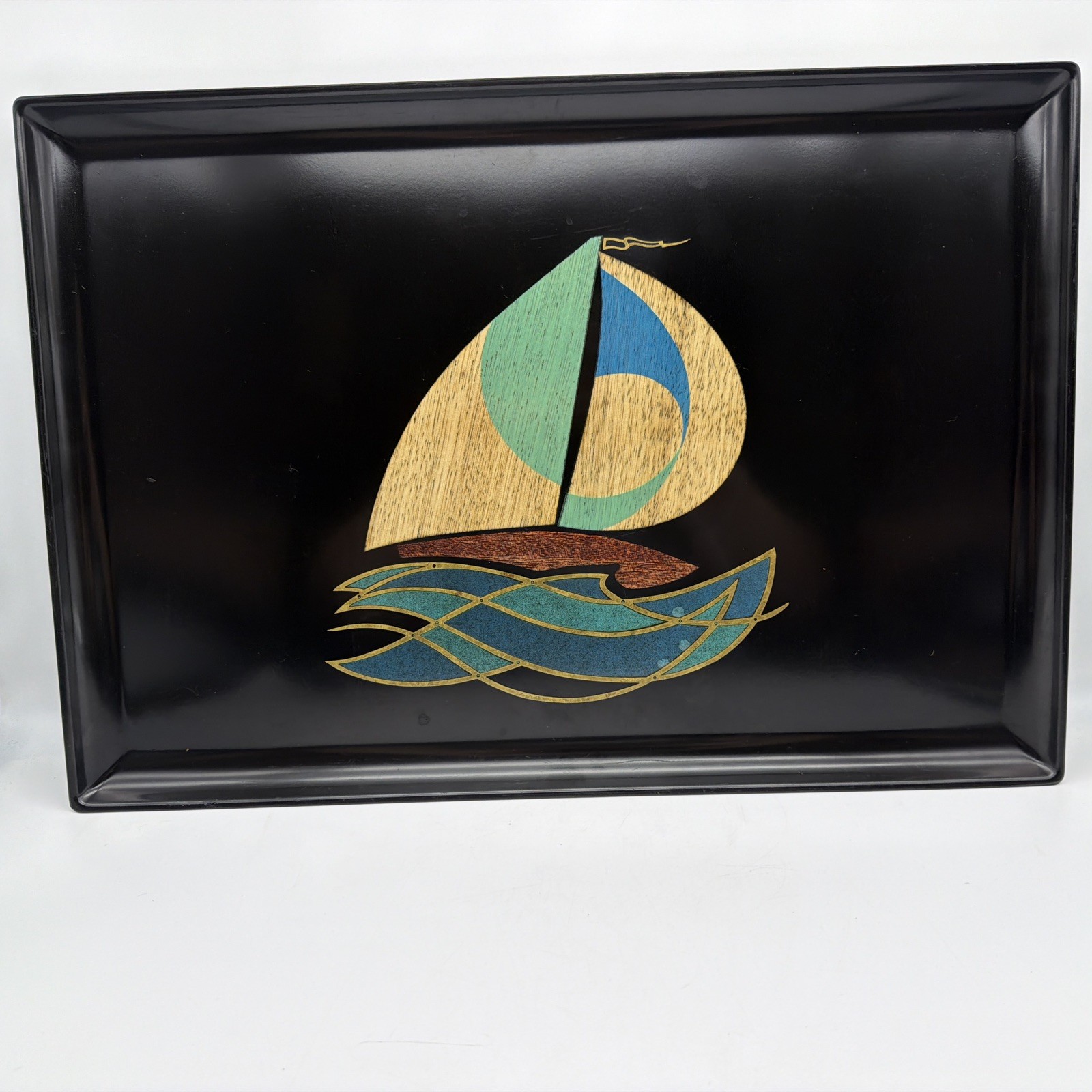 Vintage Couroc of Monterey Black Phenolic Resin Tray with Inlaid Sailboat Mosaic